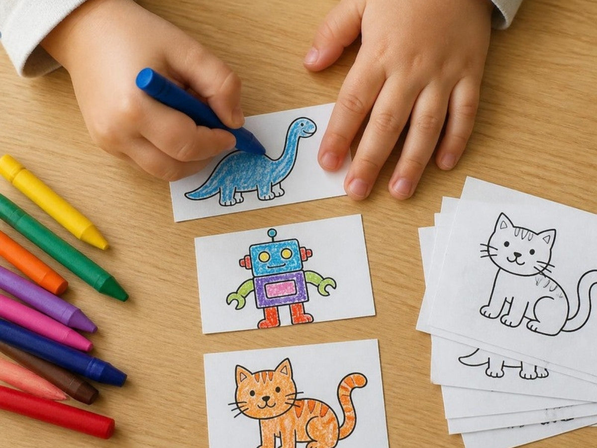 Kids coloring printed stickers at the table