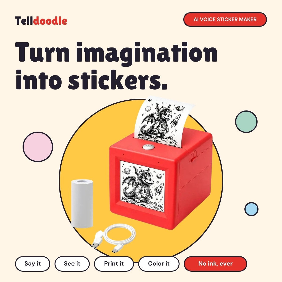 Telldoodle AI voice sticker maker printing a dragon sticker, with a paper roll and USB-C cable