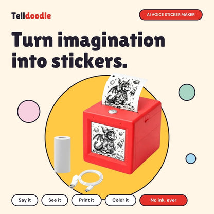 Telldoodle AI voice sticker maker printing a dragon sticker, with a paper roll and USB-C cable