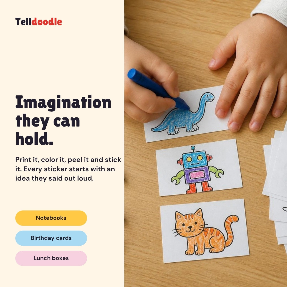 A child coloring printed stickers: imagination they can hold