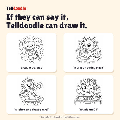 Example drawings: a cat astronaut, a dragon eating pizza, a robot on a skateboard, a unicorn DJ