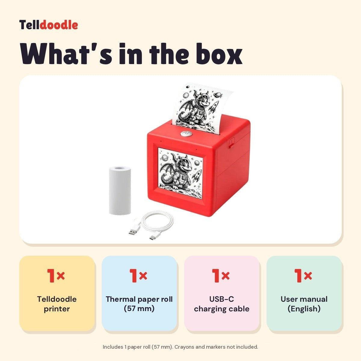 What's in the box: 1 Telldoodle printer, 1 thermal paper roll (57 mm), 1 USB-C charging cable, 1 user manual in English